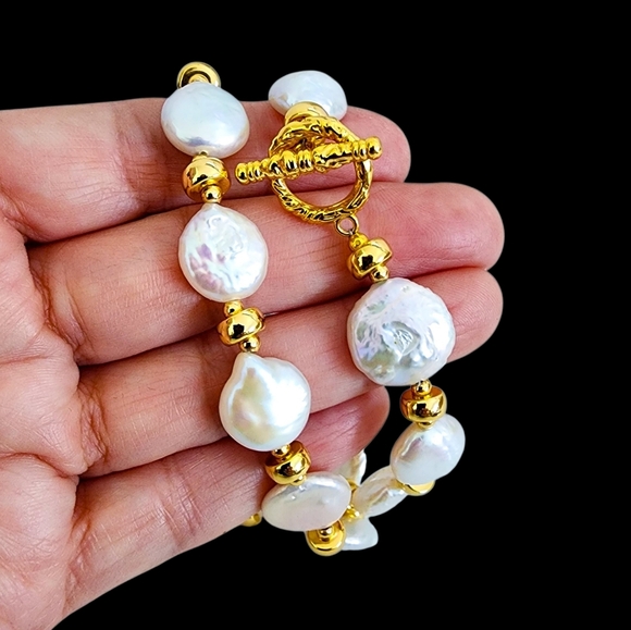 Coin Pearl Necklace Gold Accent Beads Toggle Clasp A0369 Q7 - Picture 9 of 15